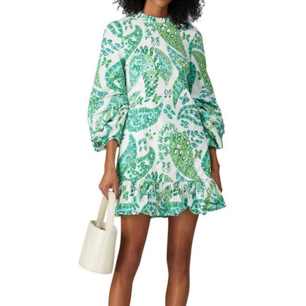 Gently loved STAUD Carolina Butterfly Paisley Green & White Cotton Mini Dress